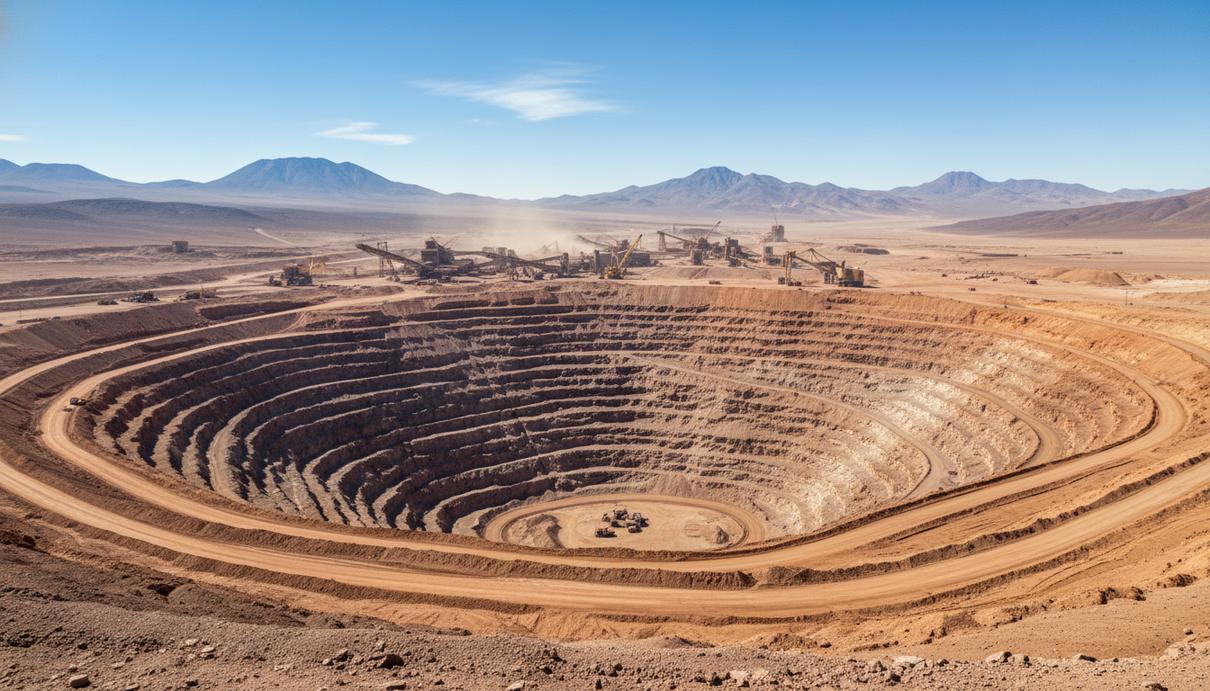 Панорамный вид на масштабный медный карьер в пустыне с террасами и промышленными объектами