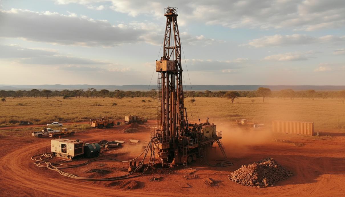 Геологоразведочное оборудование и буровые установки на фоне африканской саванны в Замбии