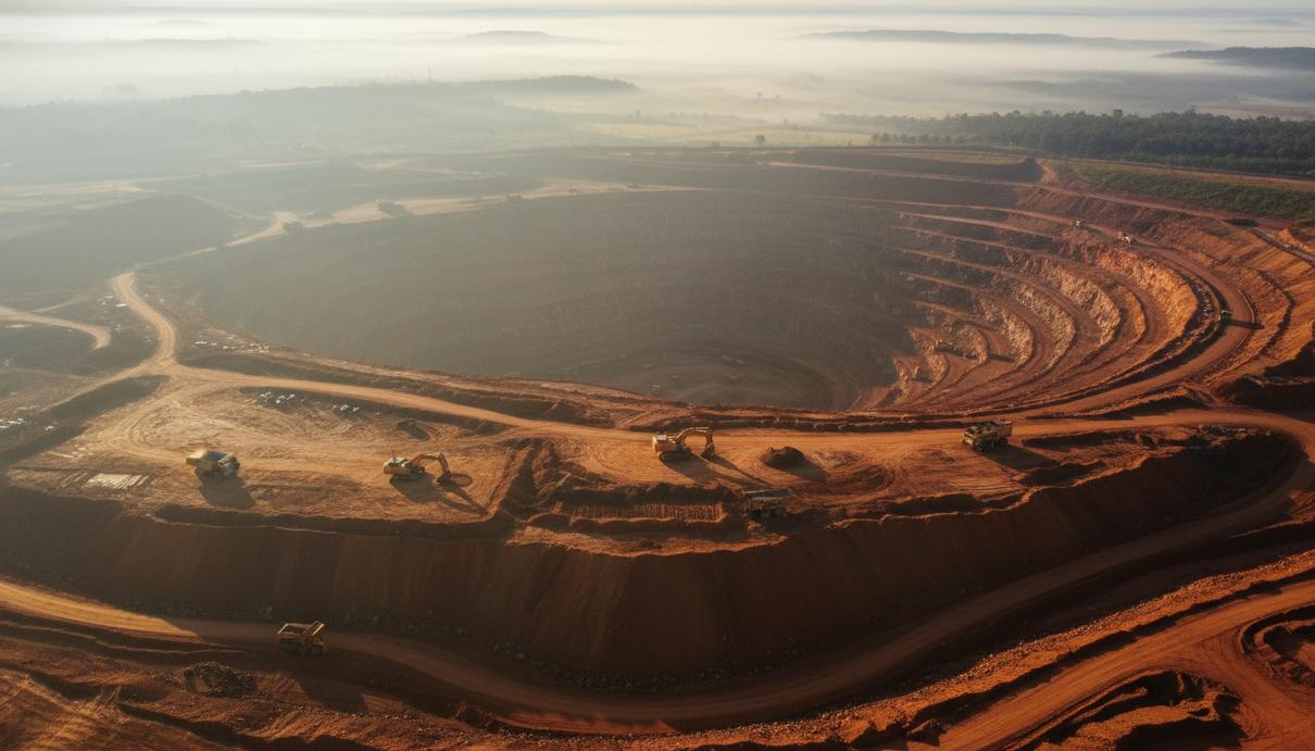 Панорамный вид на открытый карьер по добыче полезных ископаемых с красной почвой и горной техникой