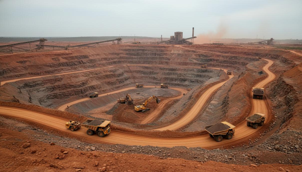 Вид на крупный железорудный карьер с промышленным оборудованием и террасами на красной почве