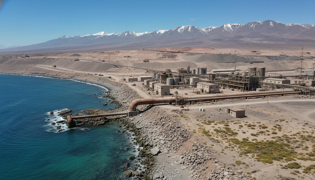 Промышленный опреснительный завод со стальными трубами на засушливом побережье на фоне гор