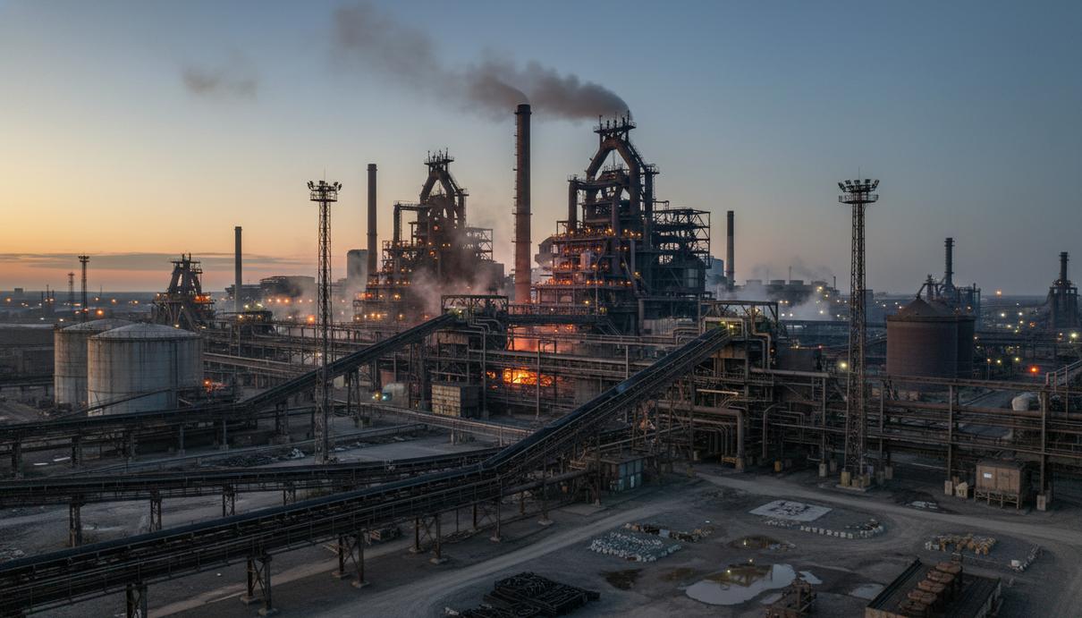 Промышленный вид металлургического завода с массивными трубами, цехами и сложными металлическими конструкциями.