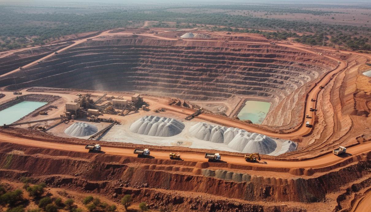 Открытый карьер по добыче лития в Зимбабве с насыпями руды и горнодобывающей техникой на фоне красной почвы.