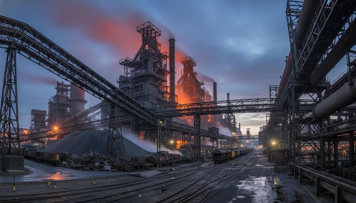 Промышленный пейзаж металлургического завода с доменными печами и стальными конструкциями на фоне неба