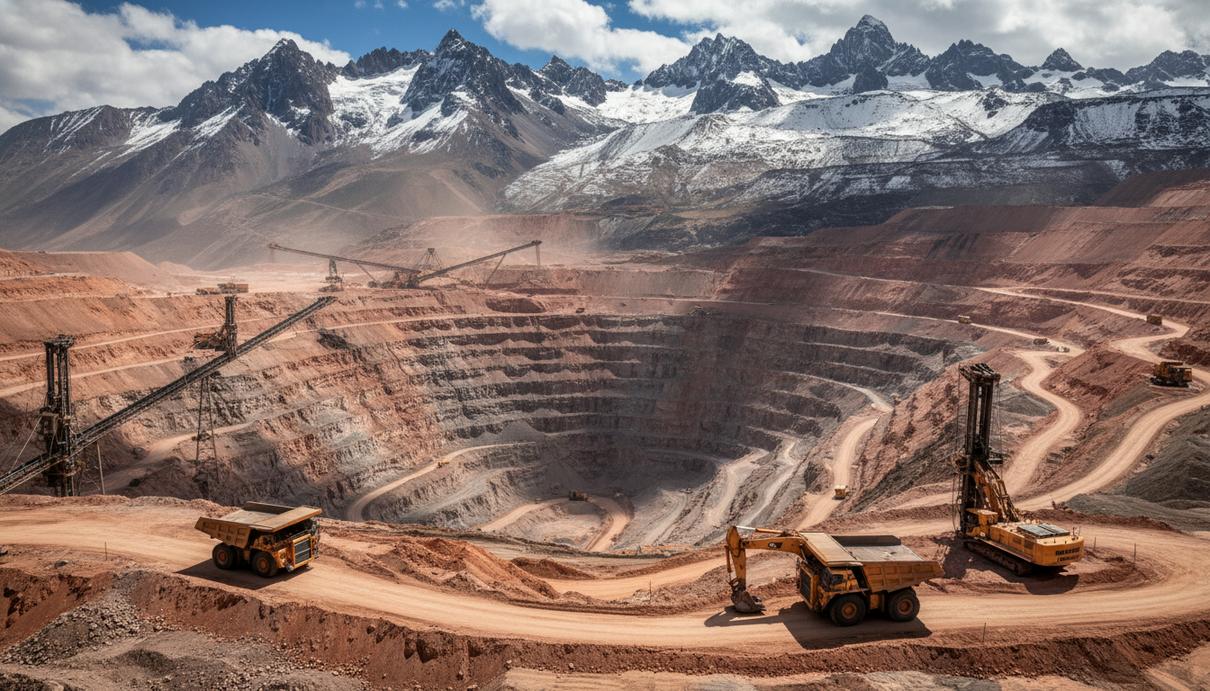 Промышленный ландшафт на месте будущего медного рудника в высокогорье Анд с дорогами и спецтехникой