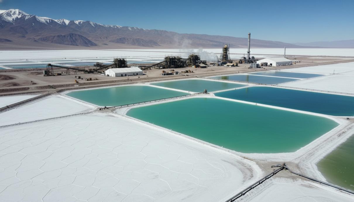 Промышленные бассейны для испарения лития на солончаке в Чили на фоне гор