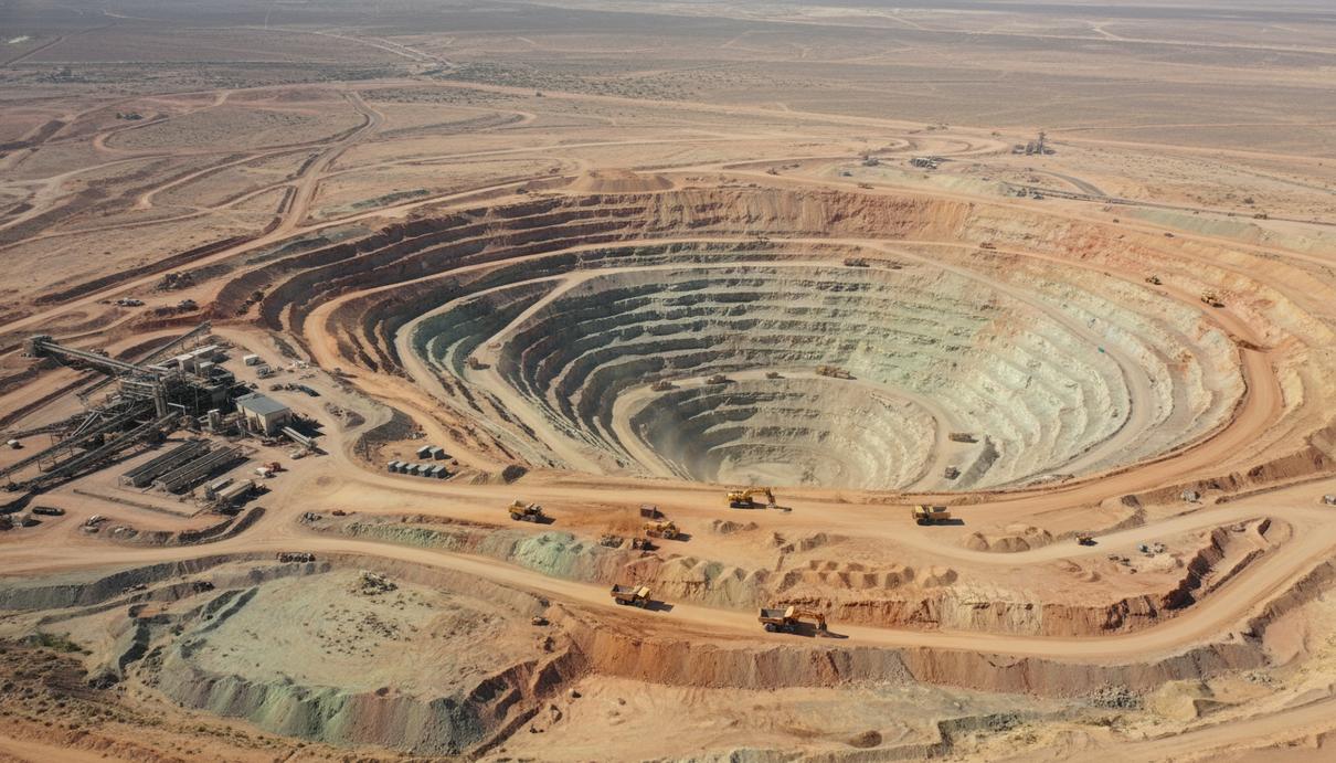 Вид сверху на промышленный карьер по добыче минералов и перерабатывающий завод в пустынной местности