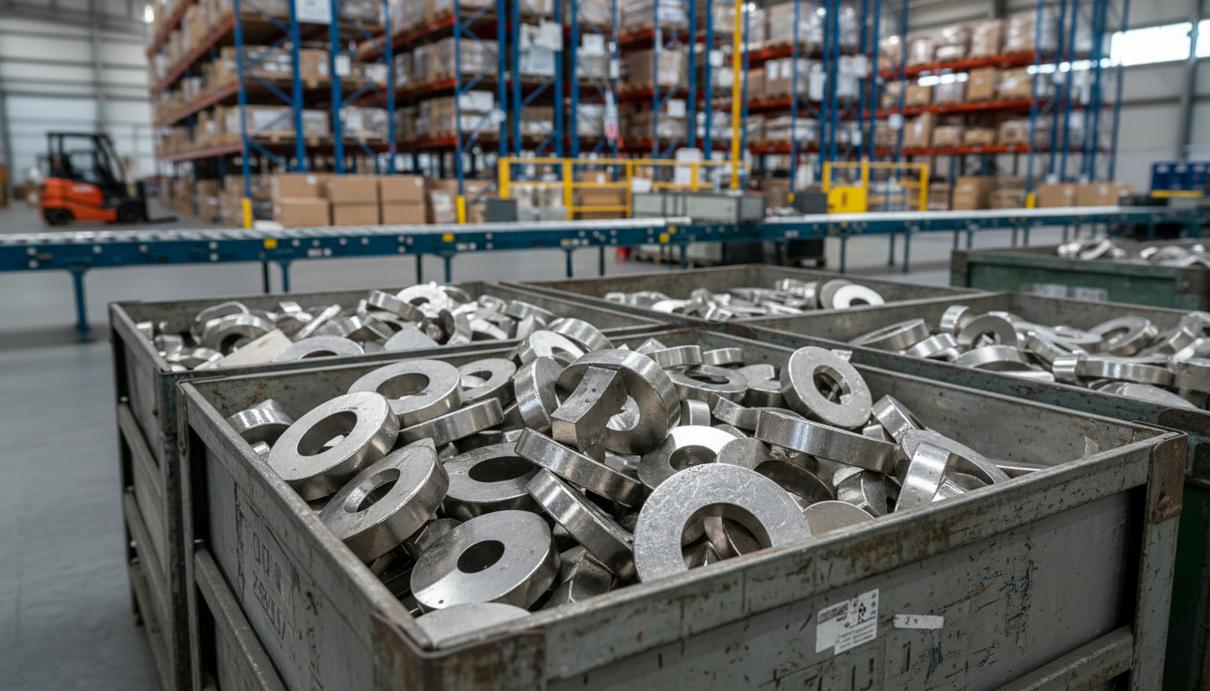 Металлические детали в промышленных ящиках на складе логистического центра