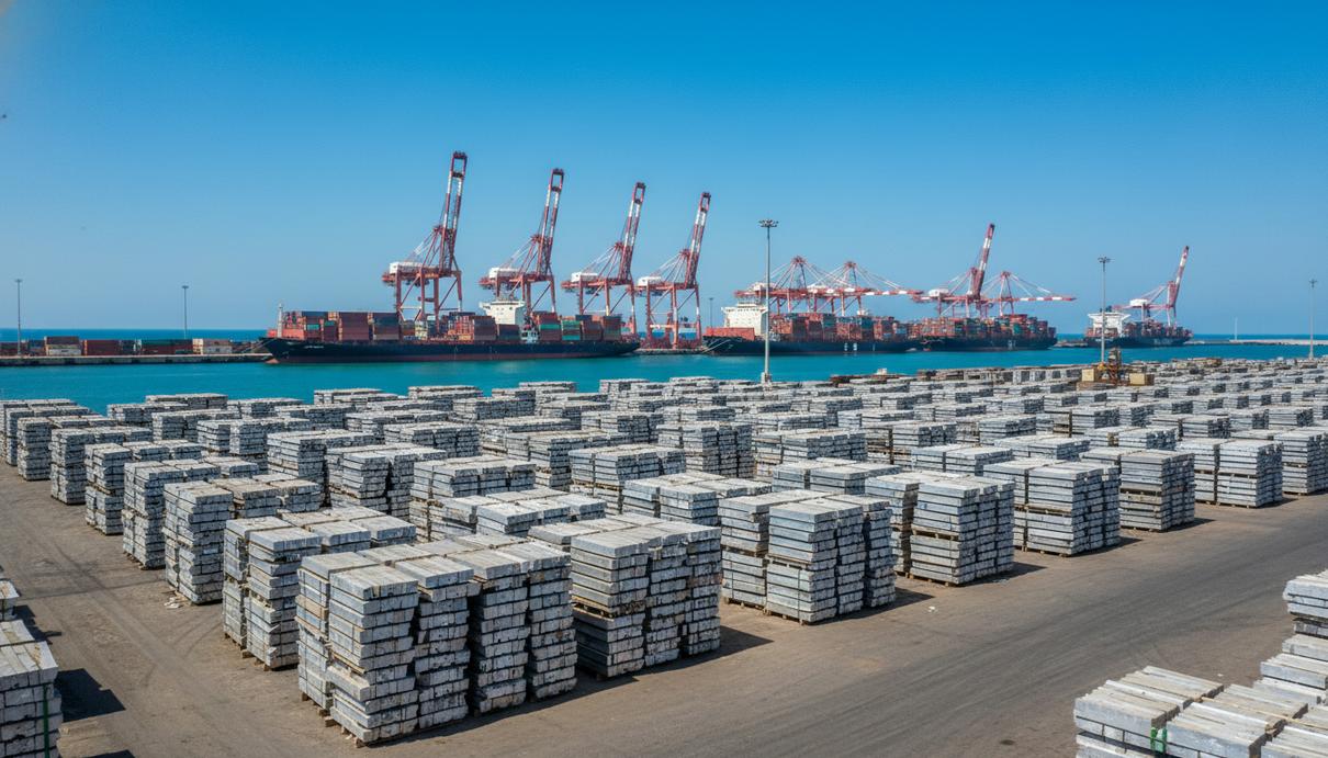 Промышленные штабели алюминиевых слитков на поддонах в морском порту на фоне грузовых контейнеров и кранов.