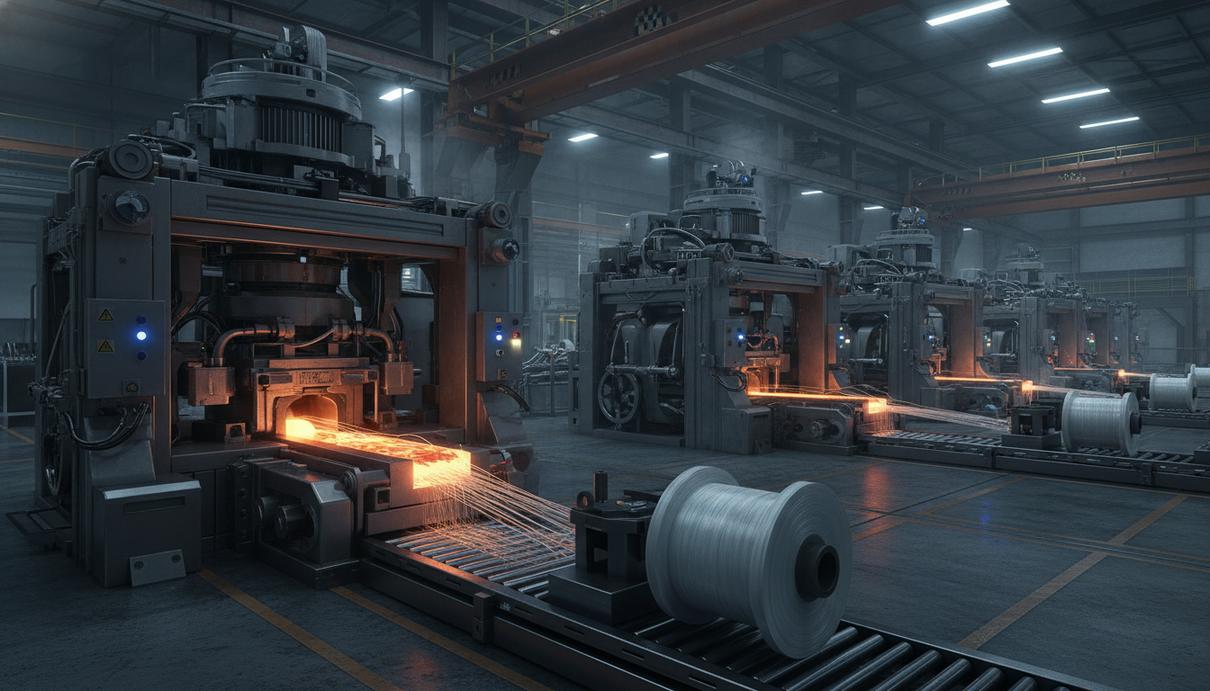 Промышленное оборудование завода по производству стекловолокна с металлическими узлами.