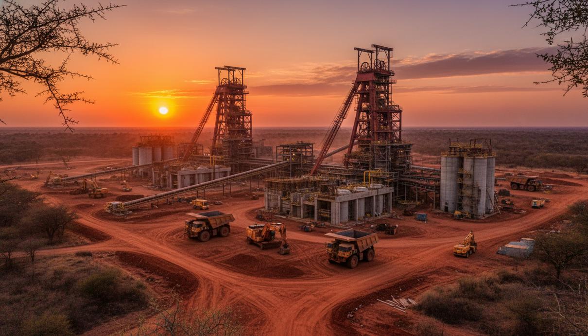 Промышленная площадка горнодобывающего предприятия с высокими копрами шахт и цехами на фоне саванны