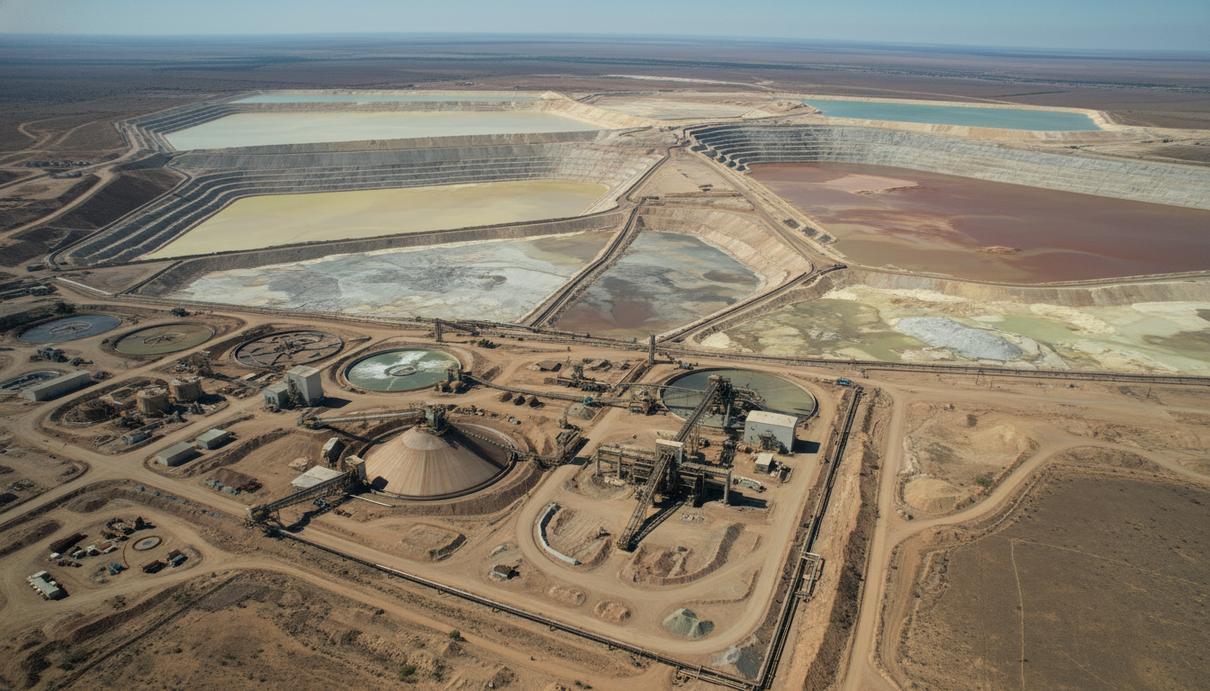 Промышленная площадка по переработке золотых отвалов в Южной Африке с оборудованием на фоне засушливого ландшафта