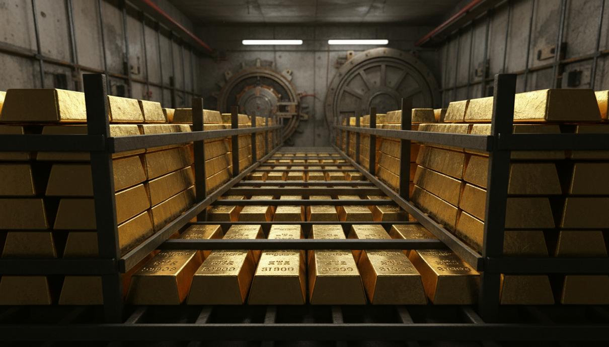 Ряды золотых слитков с заводскими клеймами в банковском хранилище при боковом освещении.