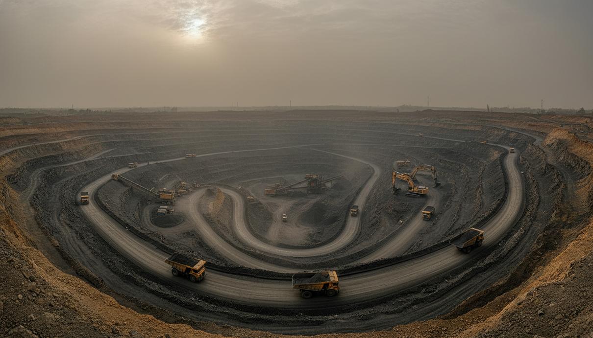 Вид на угольный разрез с террасами и карьерными самосвалами в дымке индустриального района.