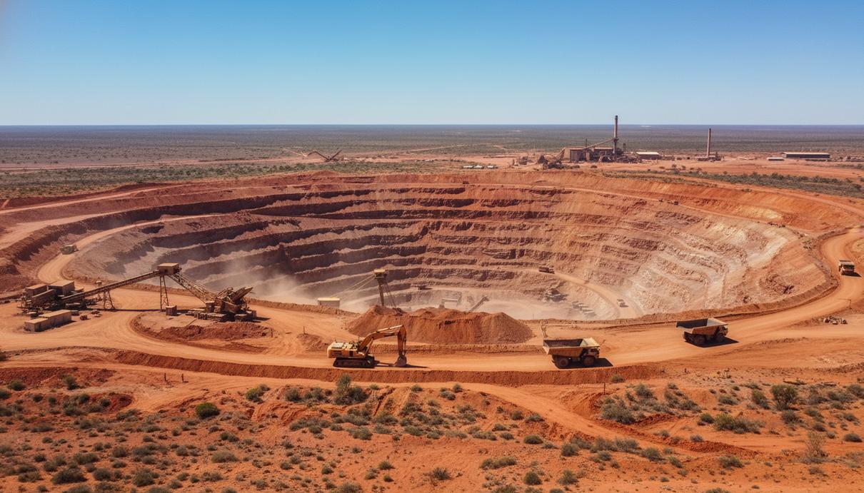Открытый урановый рудник в австралийской пустыне с карьерной техникой и промышленными зданиями.