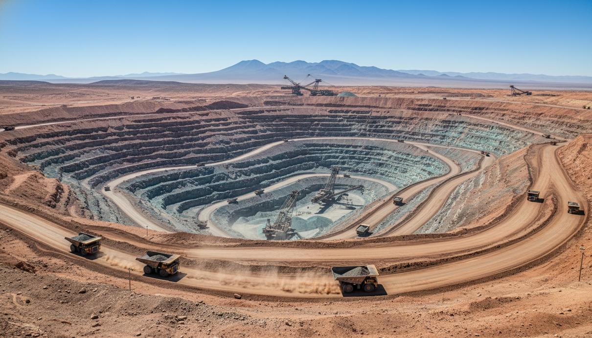 Глубокий ступенчатый карьер медного рудника в пустыне с работающей тяжелой техникой и экскаваторами на террасах.