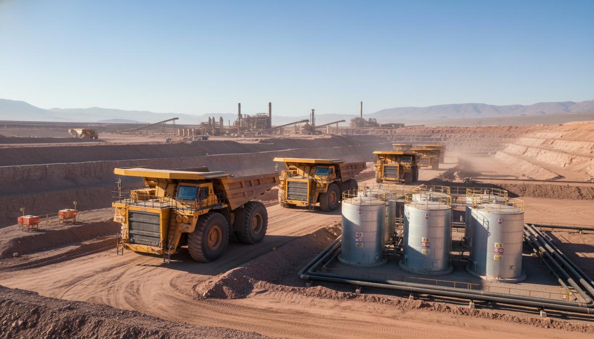 Карьерные самосвалы на территории медного рудника в Чили на фоне промышленной инфраструктуры