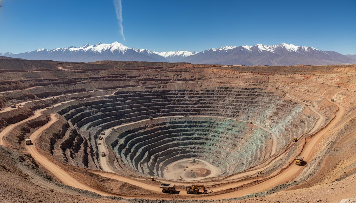 Вид на глубокий промышленный карьер медного рудника с террасами на склонах в горах Чили.