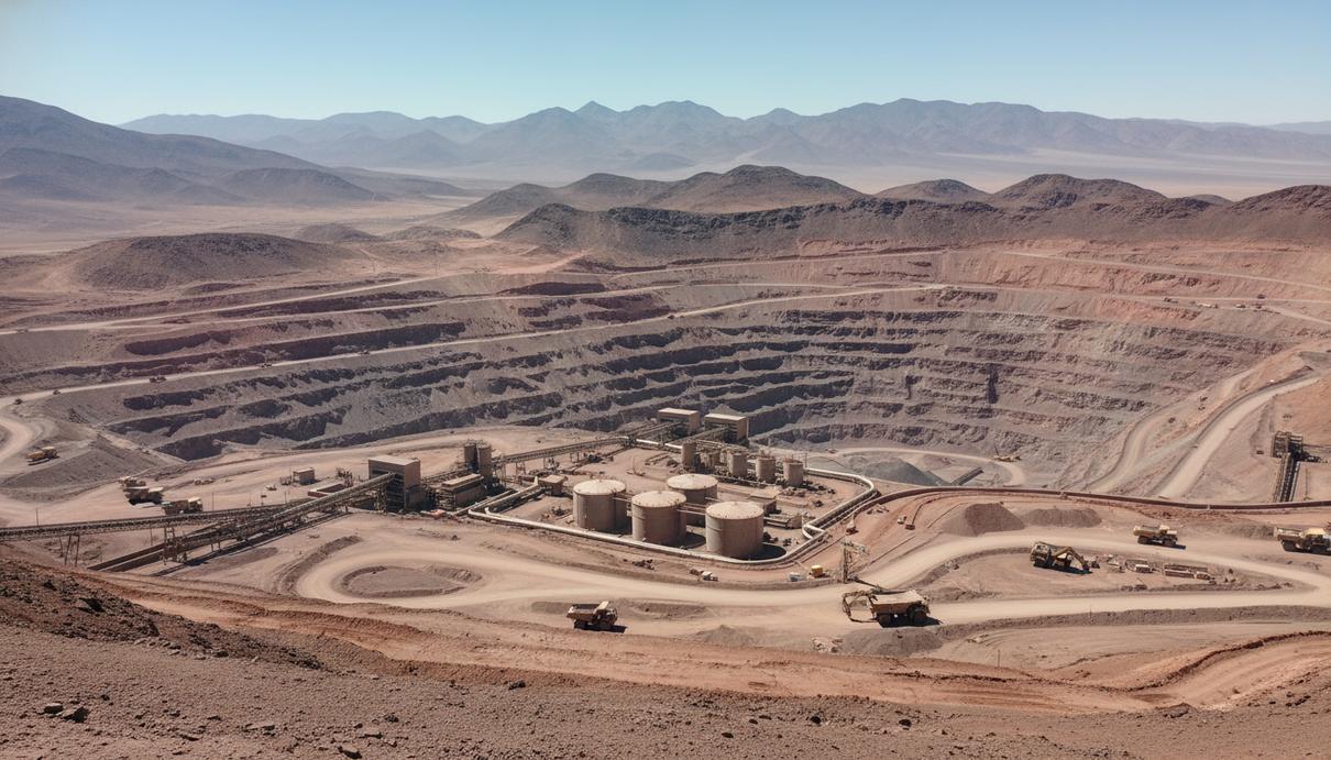 Промышленный пейзаж медного рудника в Чили с крупной техникой на фоне гор