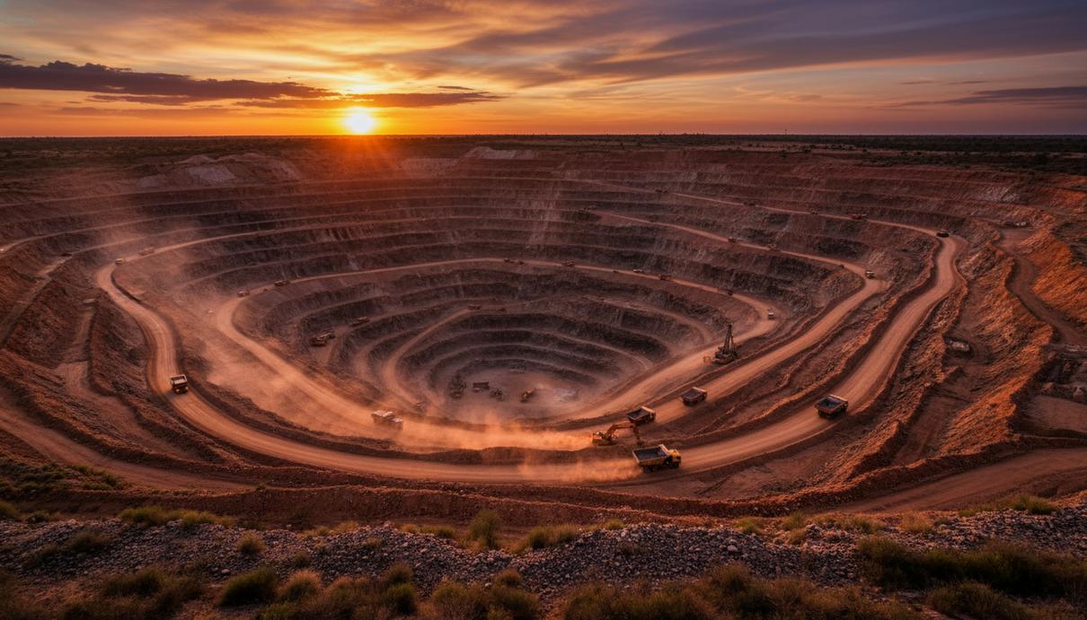 Вид на масштабный алмазный карьер в Ботсване с глубокими террасами и промышленной техникой.