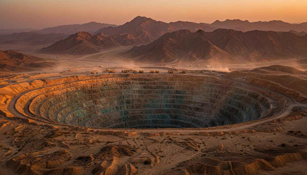 Панорама открытого медного рудника в засушливой горной местности Пакистана на закате