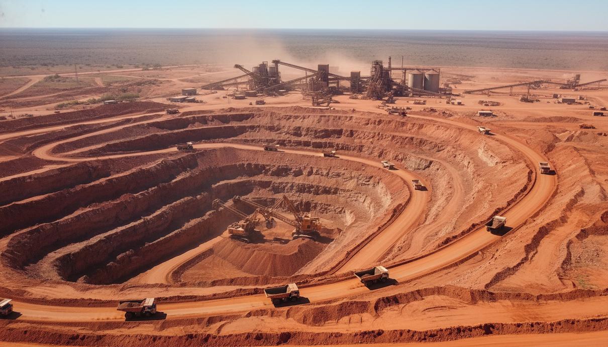 Панорама открытого карьера в красной австралийской пустыне с горнодобывающей техникой и промышленными постройками