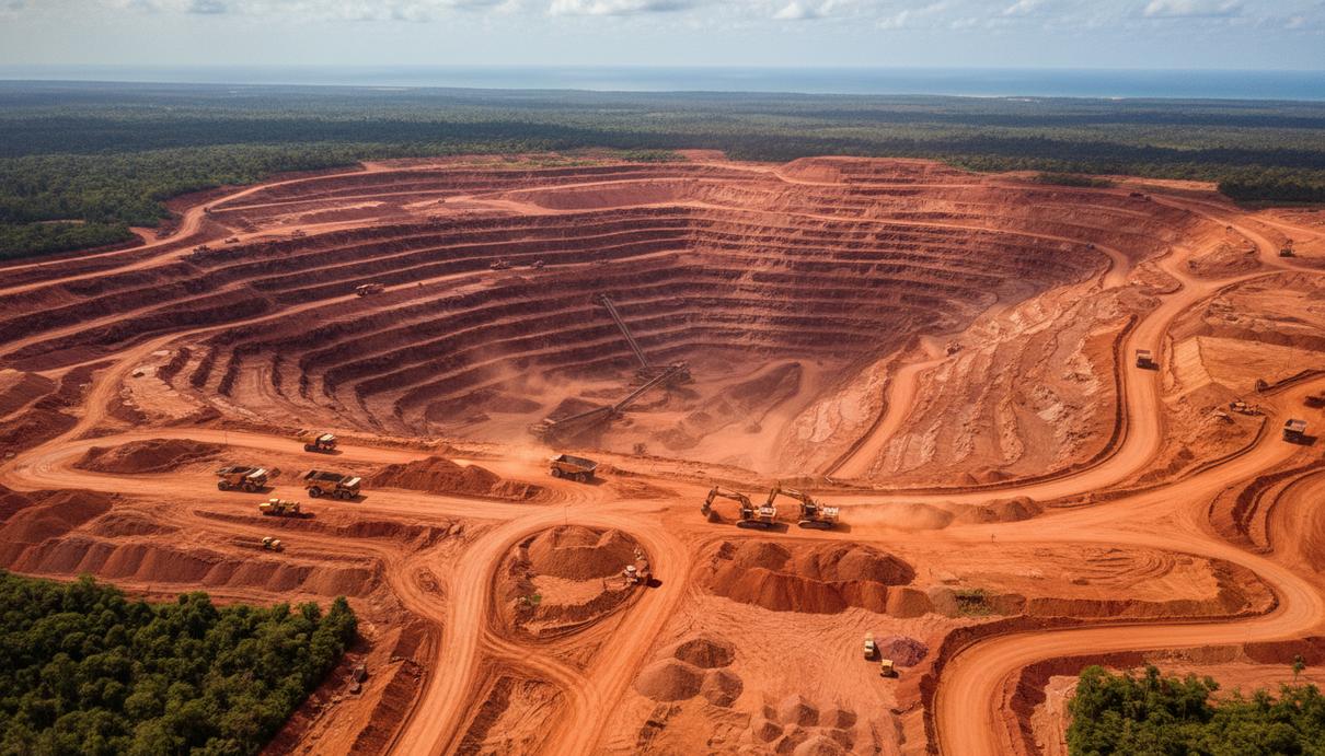 Вид на открытый карьер по добыче бокситов с красной почвой и горнодобывающей техникой в Гвинее