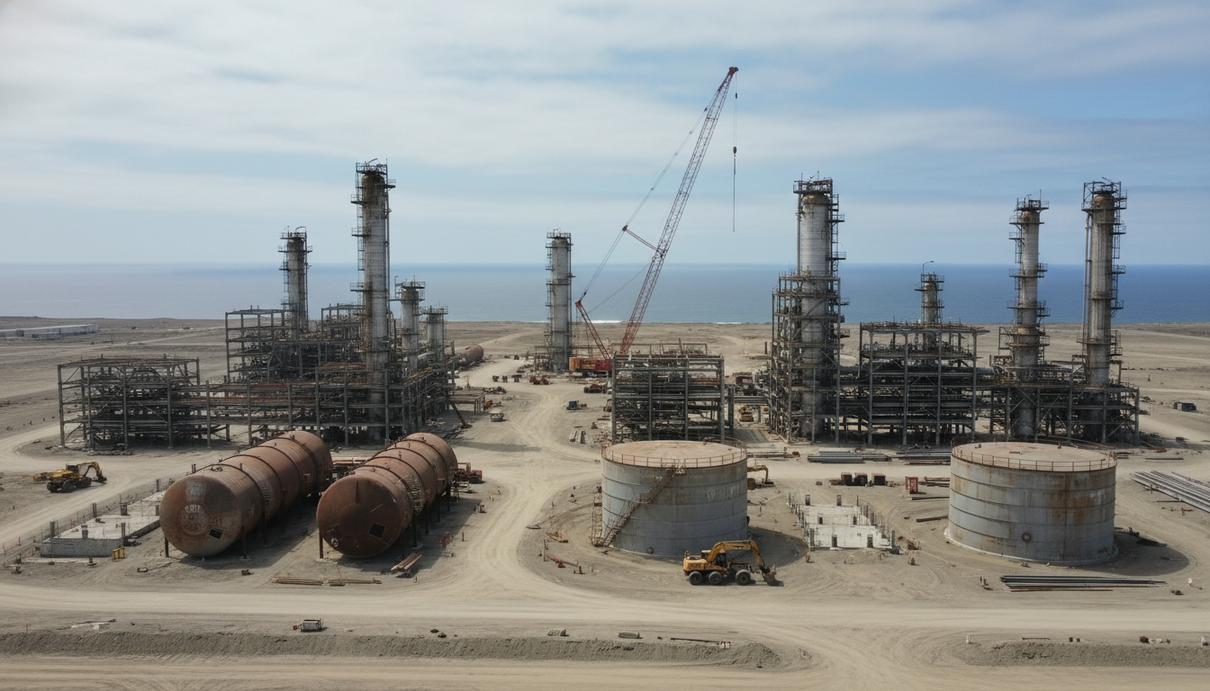Промышленный комплекс с металлическими резервуарами и цехами на открытой местности у берега океана