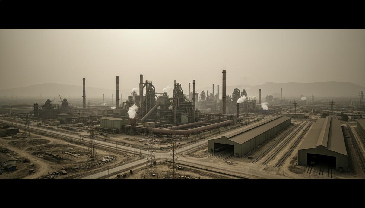 Панорама крупного индийского промышленного комплекса с металлургическими цехами, складами и заводскими трубами