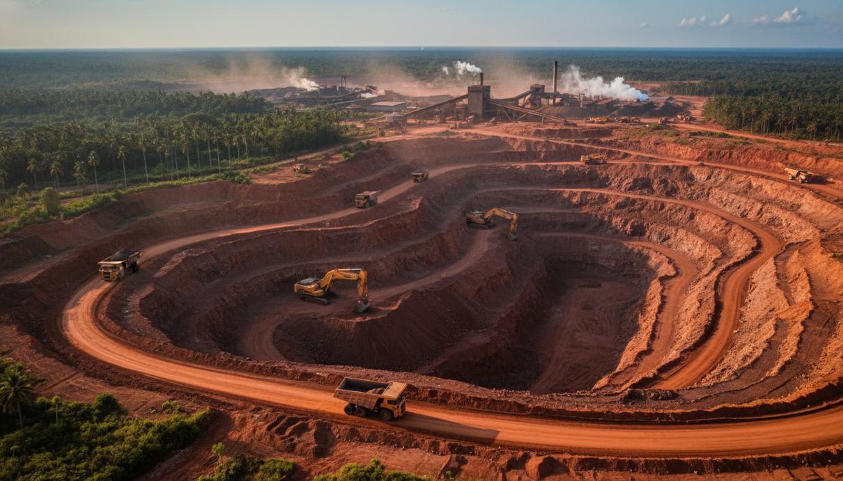 Промышленный карьер по добыче ископаемых в Венесуэле с тяжелой техникой на фоне тропической растительности