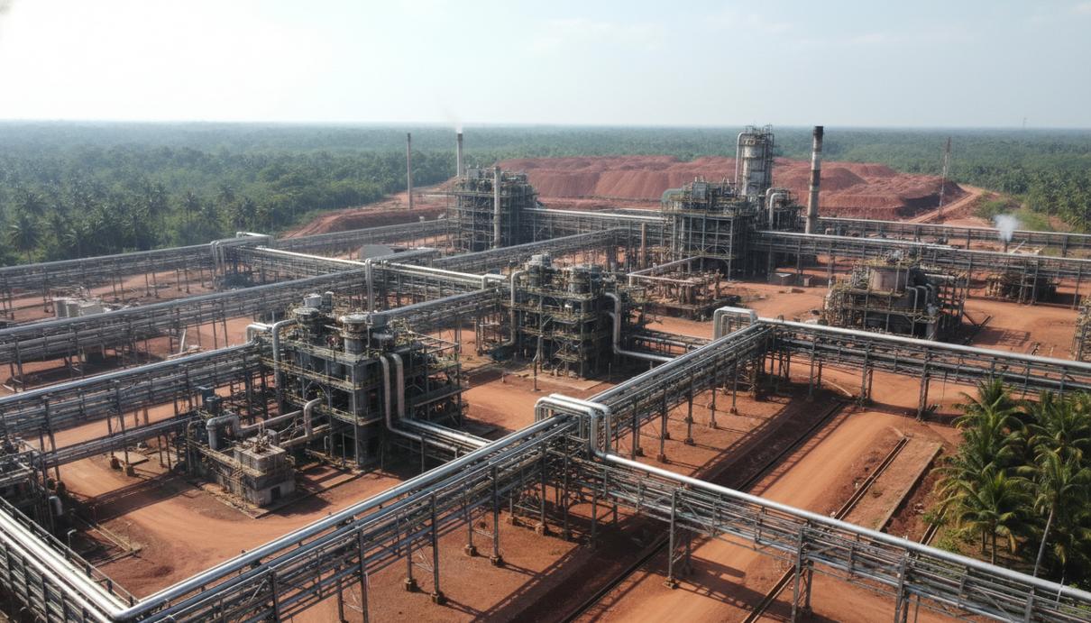 Промышленная площадка по переработке бокситов в Индонезии с металлическими конструкциями и красной рудой