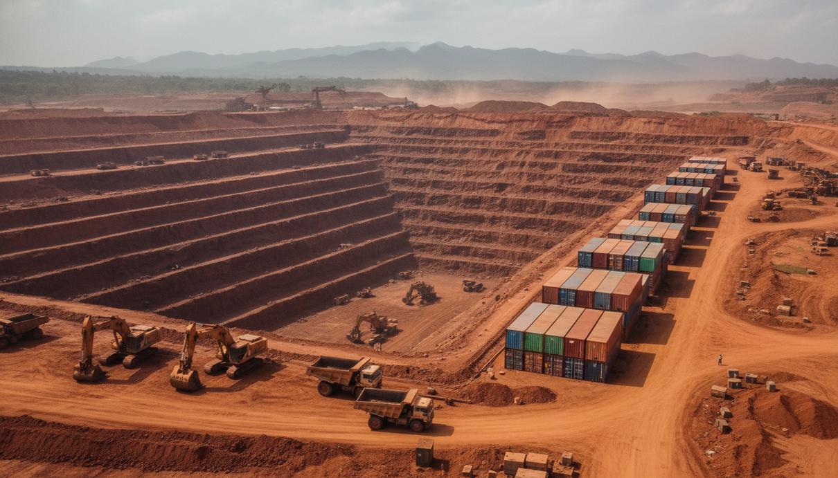 Промышленный карьер по добыче кобальта с террасами из красной земли и рядами морских контейнеров