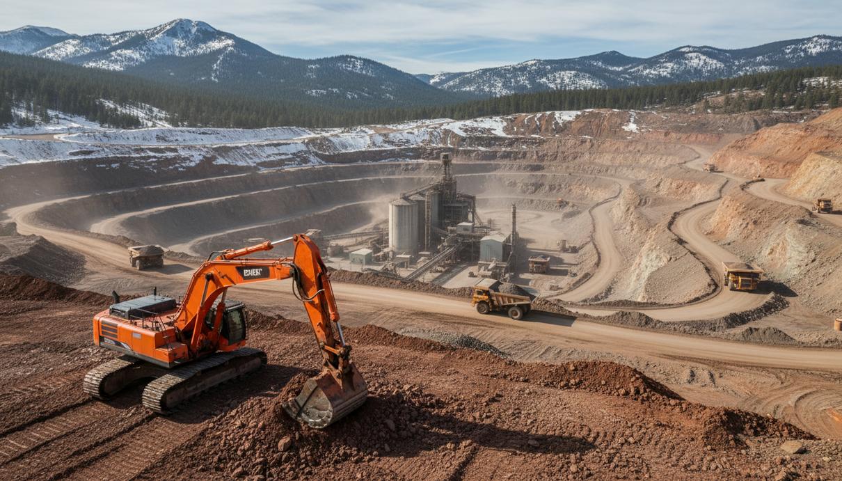 Карьер горнодобывающего предприятия в горной местности штата Айдахо с тяжелой промышленной техникой.