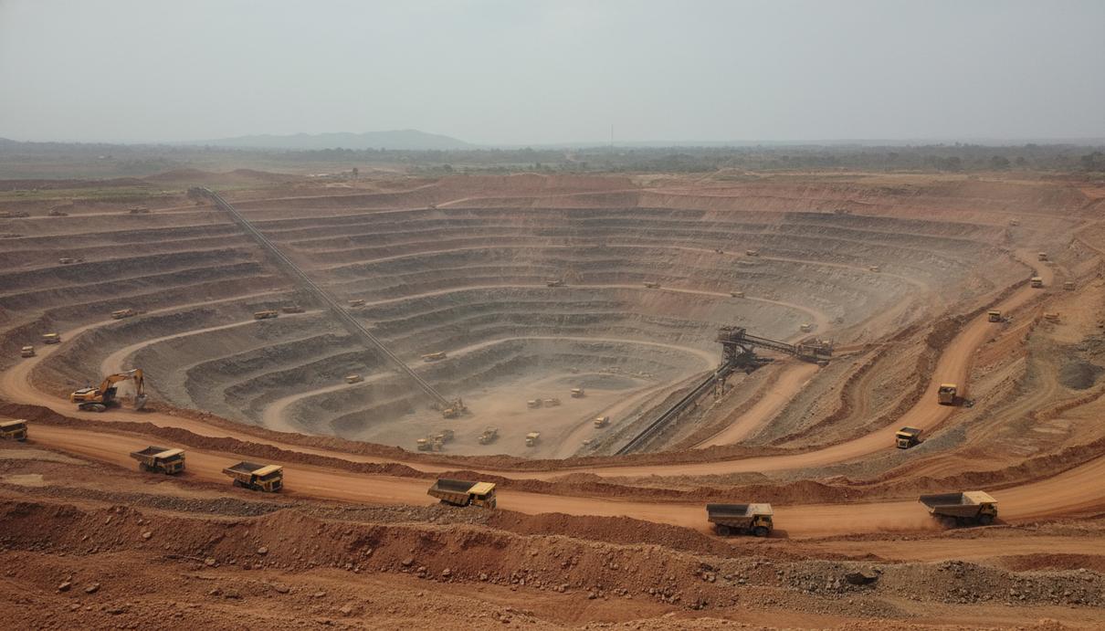Карьер по добыче меди и кобальта в Конго с террасами из красной земли и промышленной техникой