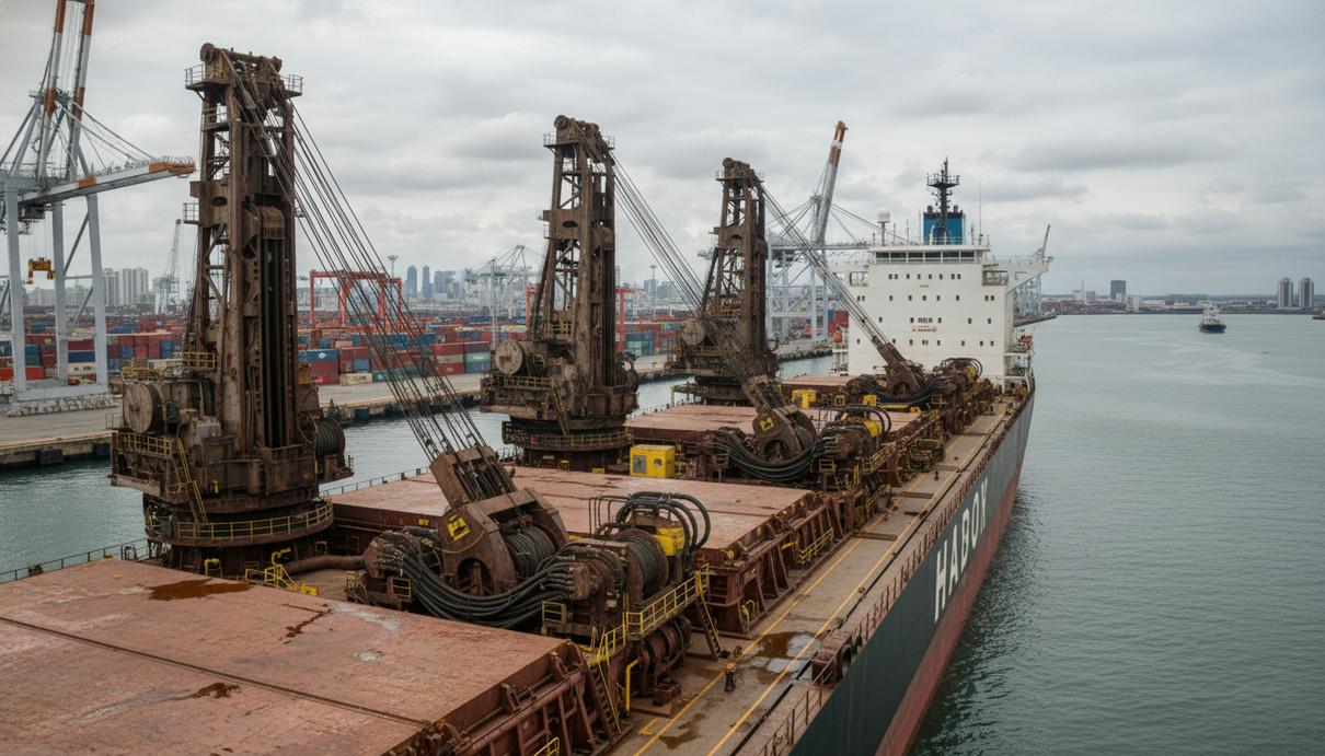 Промышленное оборудование для глубоководной добычи полезных ископаемых на палубе судна в морском порту
