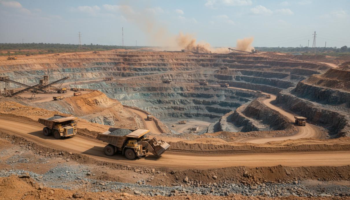 Вид на открытый карьер по добыче кобальта и меди с тяжелой техникой и террасами в красном грунте.