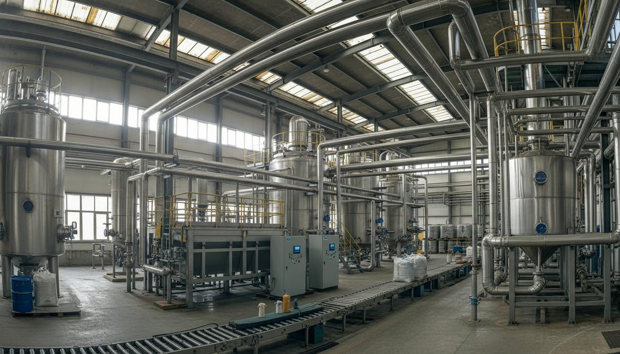 Промышленное оборудование и стальные трубопроводы на заводе по переработке редкоземельных элементов.