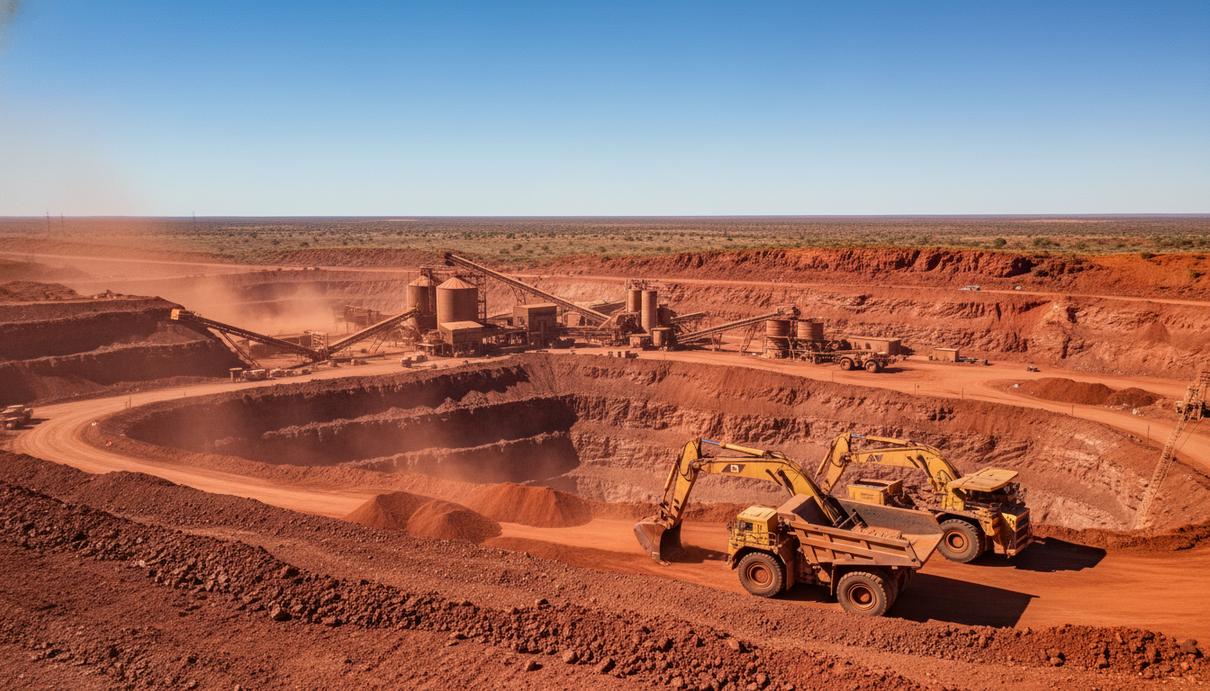 Промышленный карьер в австралийской пустыне с горной техникой на фоне красной земли.