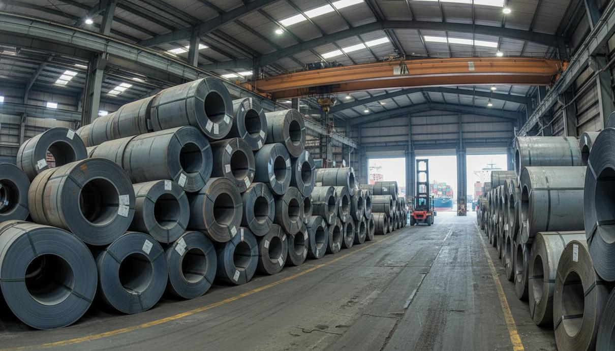 Склады горячекатаной рулонной стали на территории промышленного порта под открытым небом.