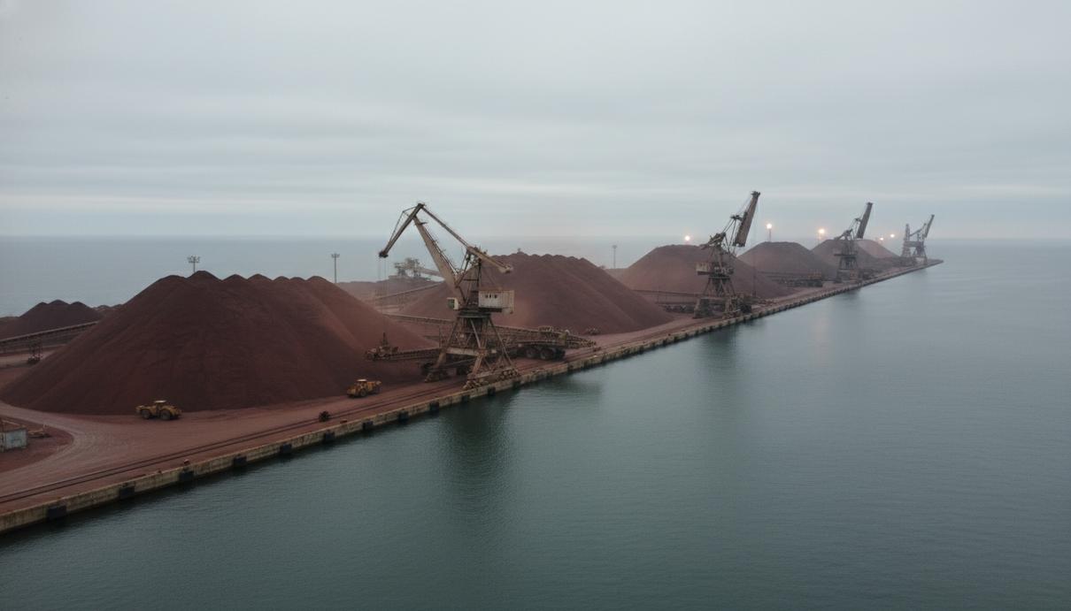 Насыпи железной руды в промышленном порту с грузовыми кранами на фоне береговой линии