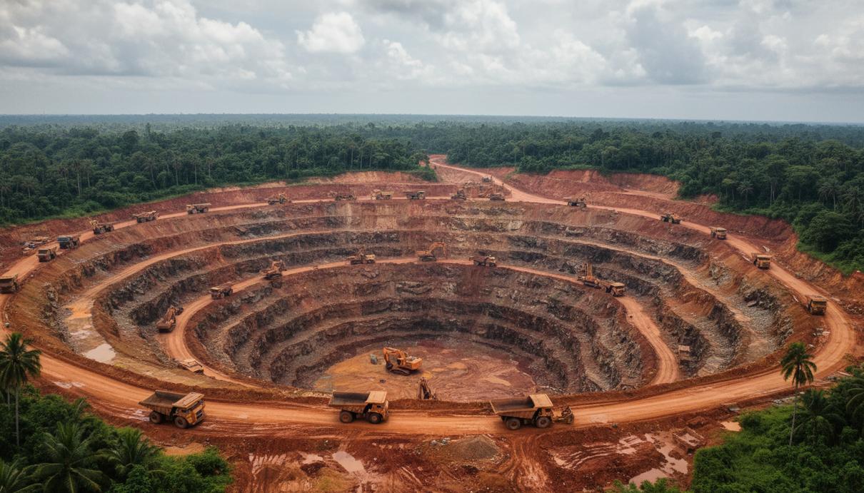 Вид на масштабный золотодобывающий карьер в Гане с террасами в почве и промышленной техникой.