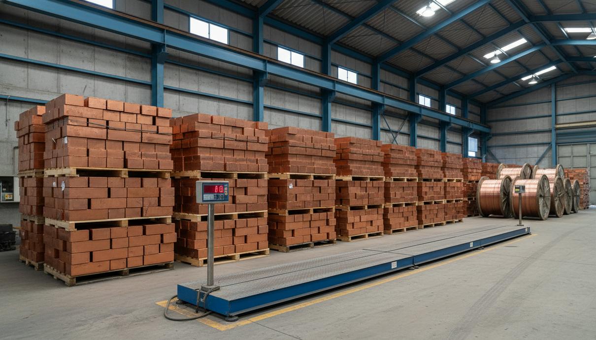 Складские помещения промышленного предприятия с аккуратно сложенными медными катодами и катушками проволоки.