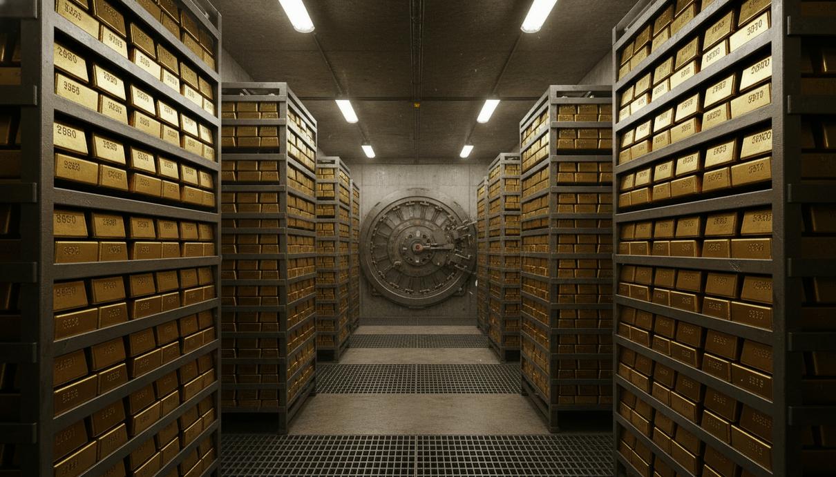 Золотые слитки аккуратными рядами лежат на полках в охраняемом хранилище при искусственном освещении.