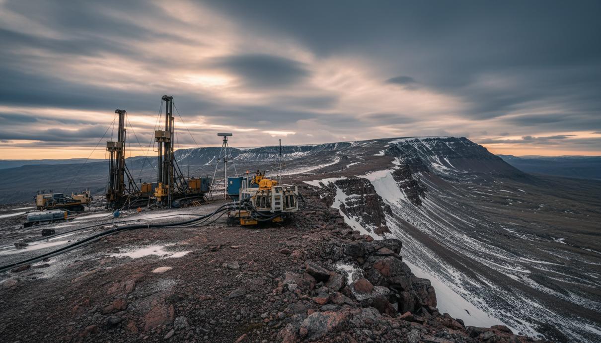 Промышленная площадка для геологической разведки на фоне каменистых гор и арктического неба Гренландии