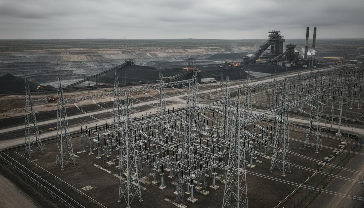 Промышленная площадка угольной шахты и электрическая подстанция с линиями электропередачи на фоне неба