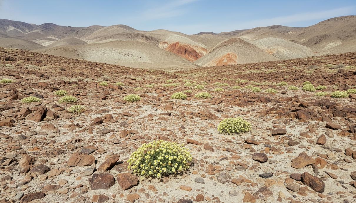 Каменистый ландшафт Райолайт-Ридж в штате Невада с группами редких диких цветов
