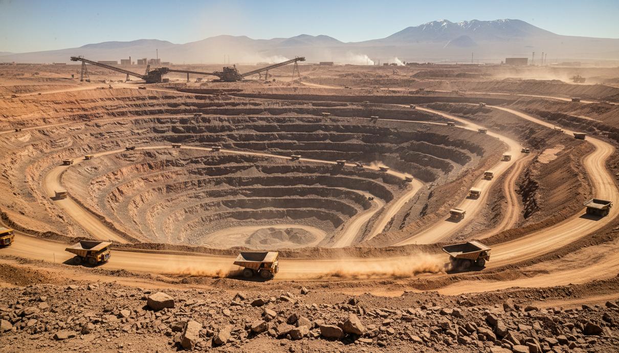 Индустриальный пейзаж медного рудника в горах Чили с террасами и карьерными самосвалами