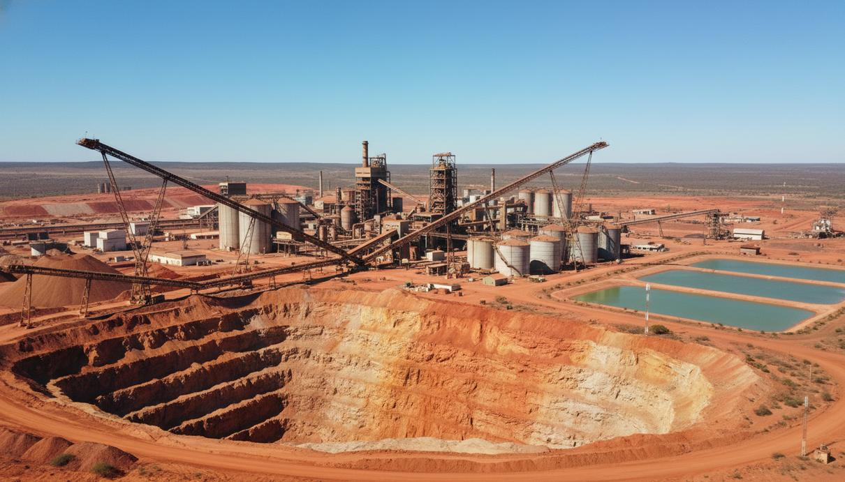 Крупный промышленный комплекс по переработке фосфатов и открытый карьер с красной почвой в Бразилии