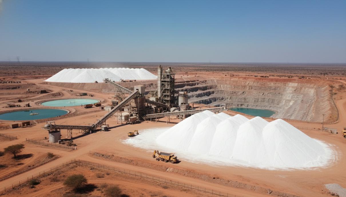 Промышленный комплекс по переработке лития и открытый рудник на фоне засушливого ландшафта в Зимбабве.