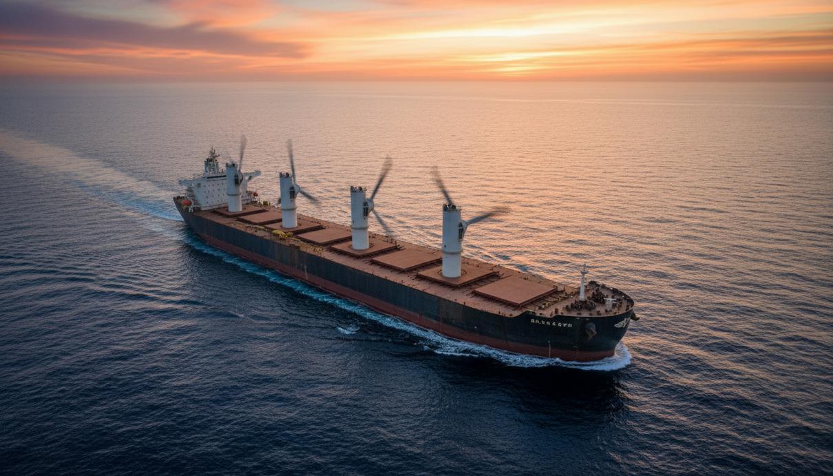 Огромный рудовоз с высокими цилиндрическими роторными парусами в открытом море.